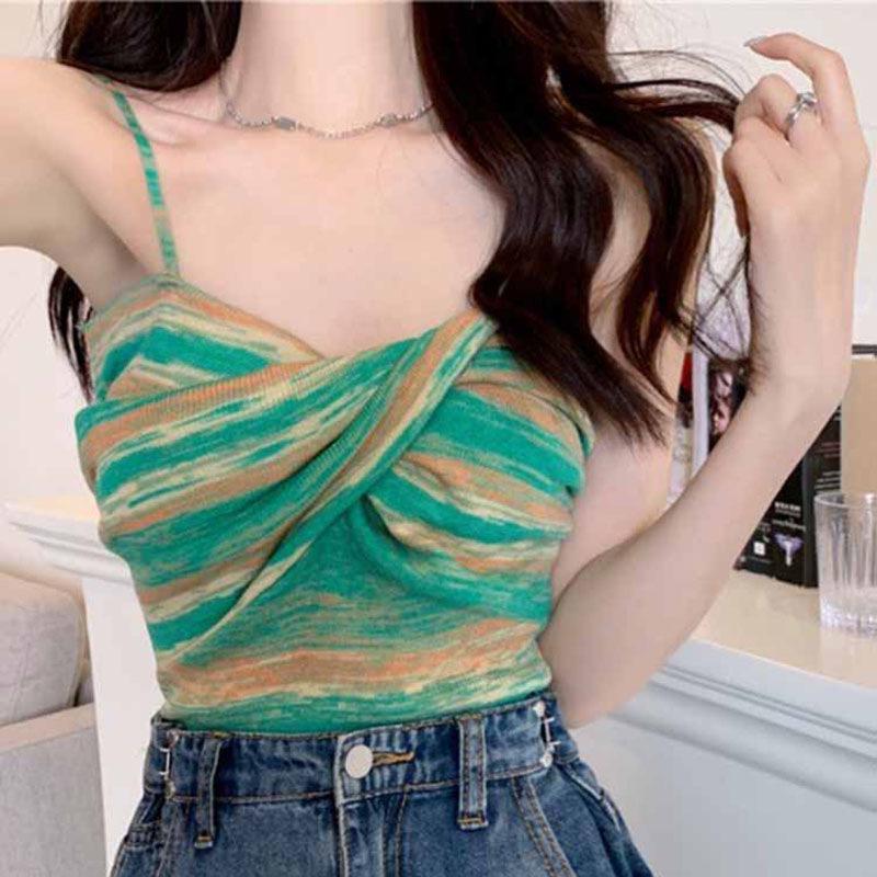 

Женская весенняя майка с полосатым дизайном в стиле колор-блок: Короткий, сексуальный и милый пикантный топ. One Size зелёный