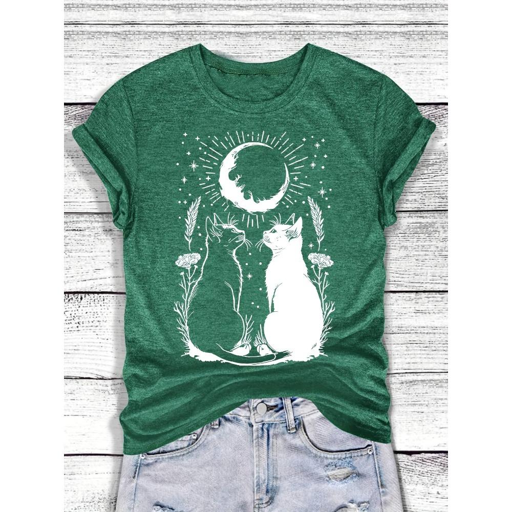 

Mystical Moon Cats Women s Tee - Witchy Celestial Graphic, Casual Turquoise Top S