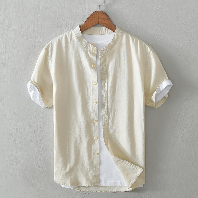 Chinese Style Stand Up Collar Linen Shirt Men's Short-sleeved Cotton and Linen Shirt Summer Thin Loose Casual Shirt