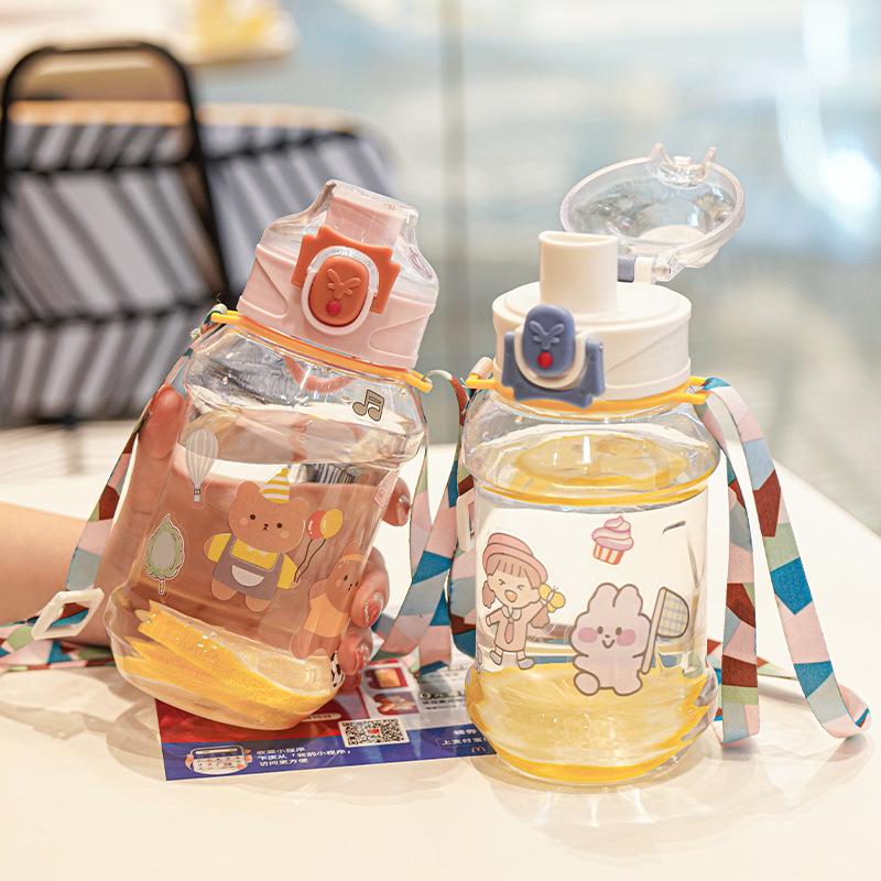Water bottle1011 sticker plastic water cup children's strap direct drinking cup one-button elastic cover leak-proof and drop-proof cute cartoon