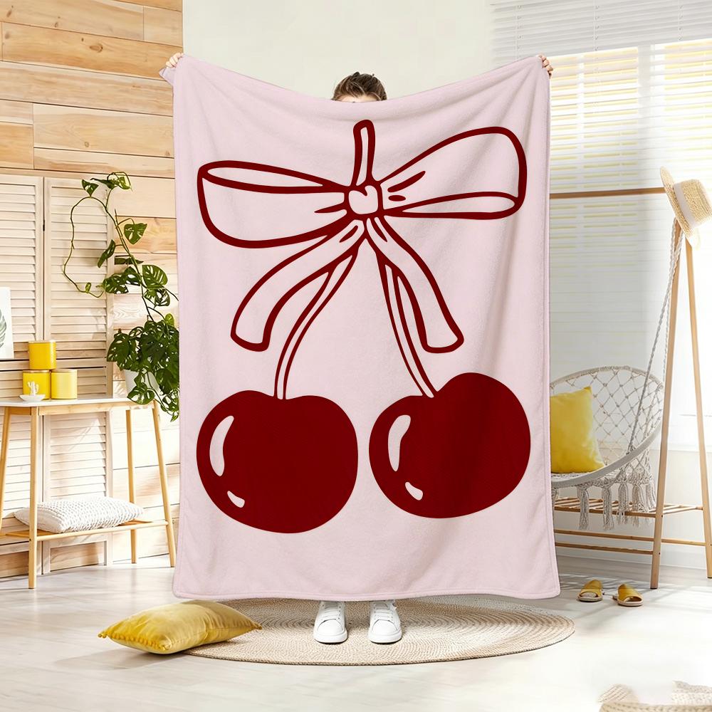 Illustration C-Cherry with Bow Throw Soft Warm Throw Blanket for Bedroom Living Room Bed Travel Camping Picnic Gift