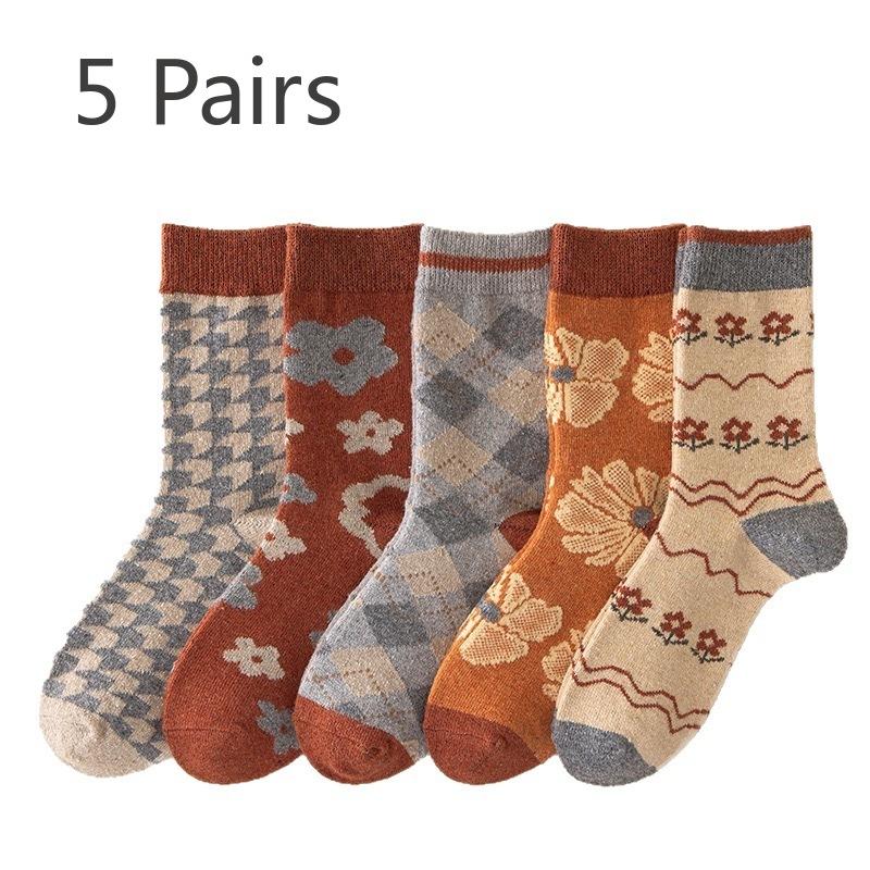 5 Pairs of Ladies' New Autumn Winter Vintage Court Style Jacquard National Windpipe Wool Socks