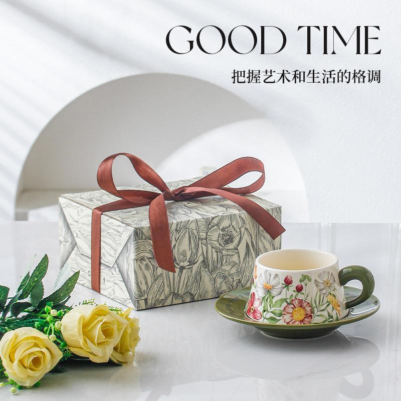 Flower Coffee Cup Saucer Set Ceramic Afternoon Teacup Souvenir Cup Gift Box High Value Birthday Gift