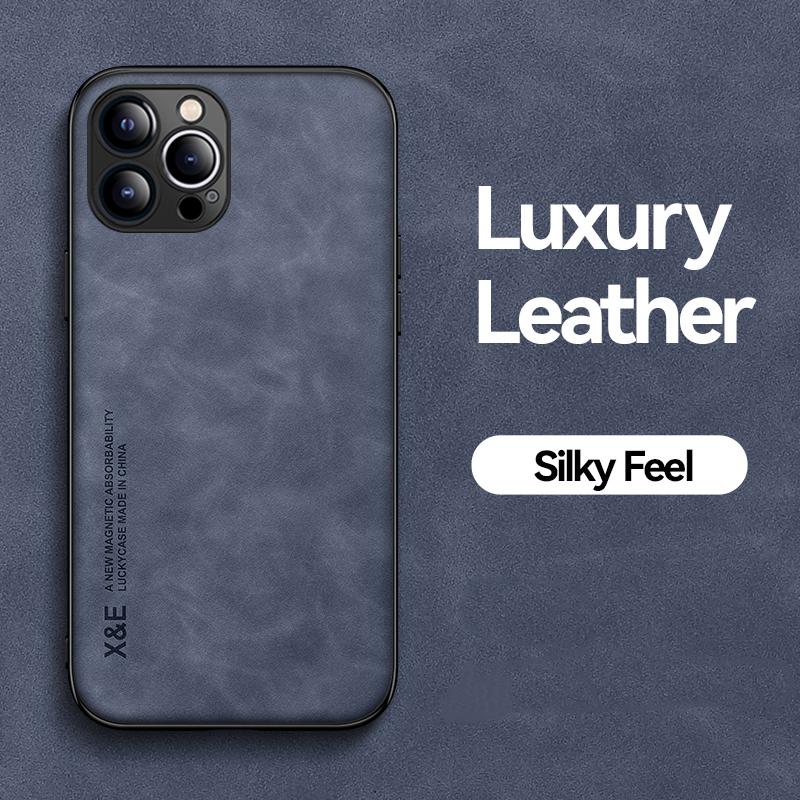 Slim Matte Frosted Leather Phone Case For iPhone 16 15 14 Plus 13 Mini 16Pro Max Mini Build-in Iron Magnetic Plate Back Cover