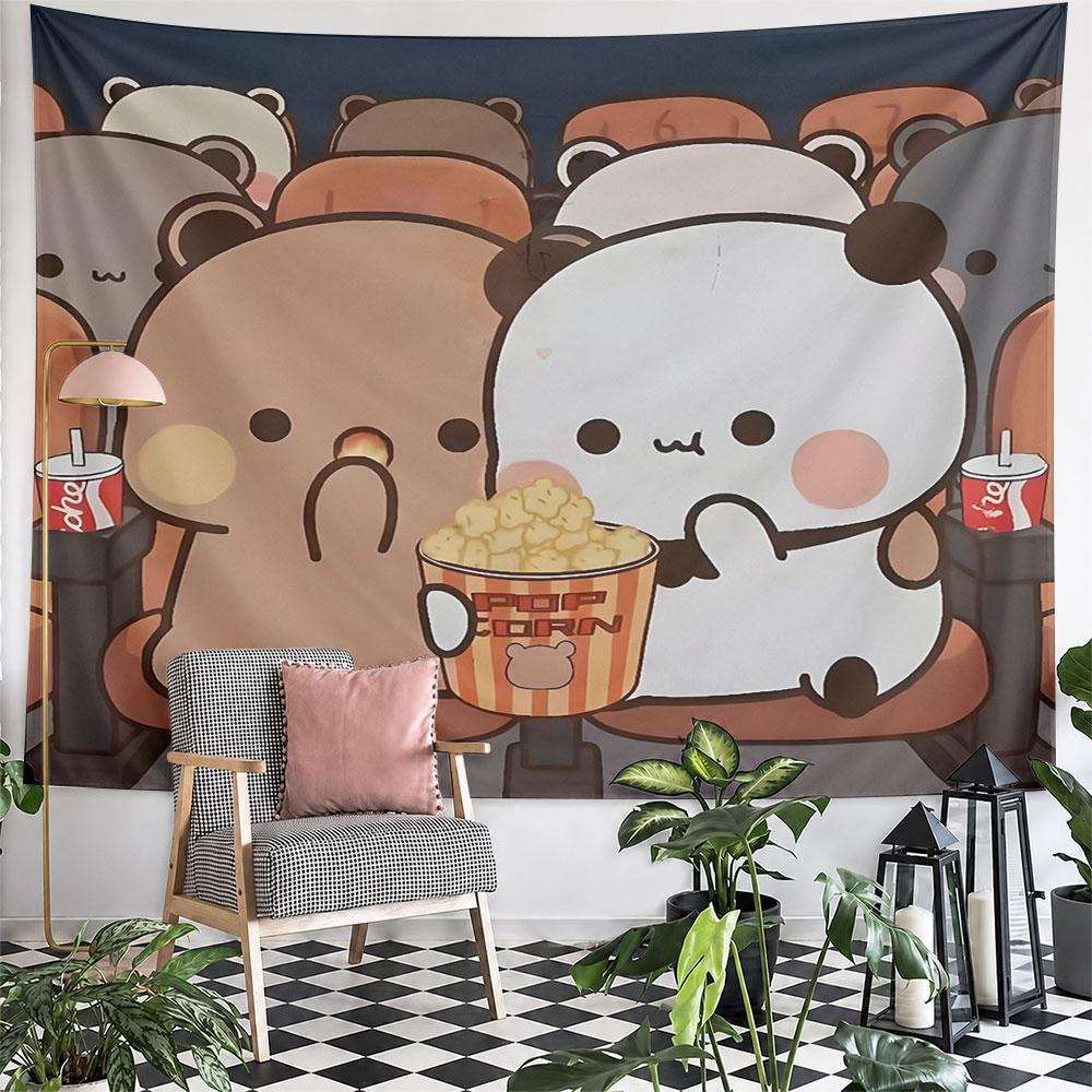 "Panda and Bear Movie Night Fun" Pattern Wall Hanging Tapestry Decorative Tapestry Home Decor for Bedroom and Living Room