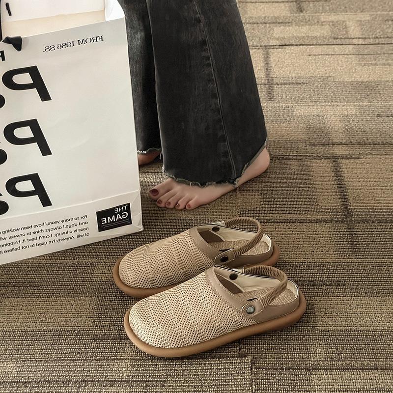 Two wear flat-soled linen sandals women's summer new mesh breathable hole shoes bag head half slippers outside wear
