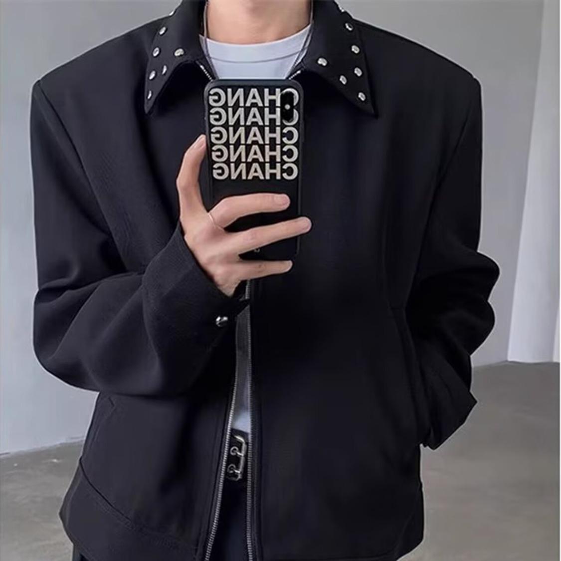 

High Street PUNK Men s Padded Shoulder Jacket with Metal Airplane Buckle - Spring/Autumn Versatile Outerwear 3XL чорний