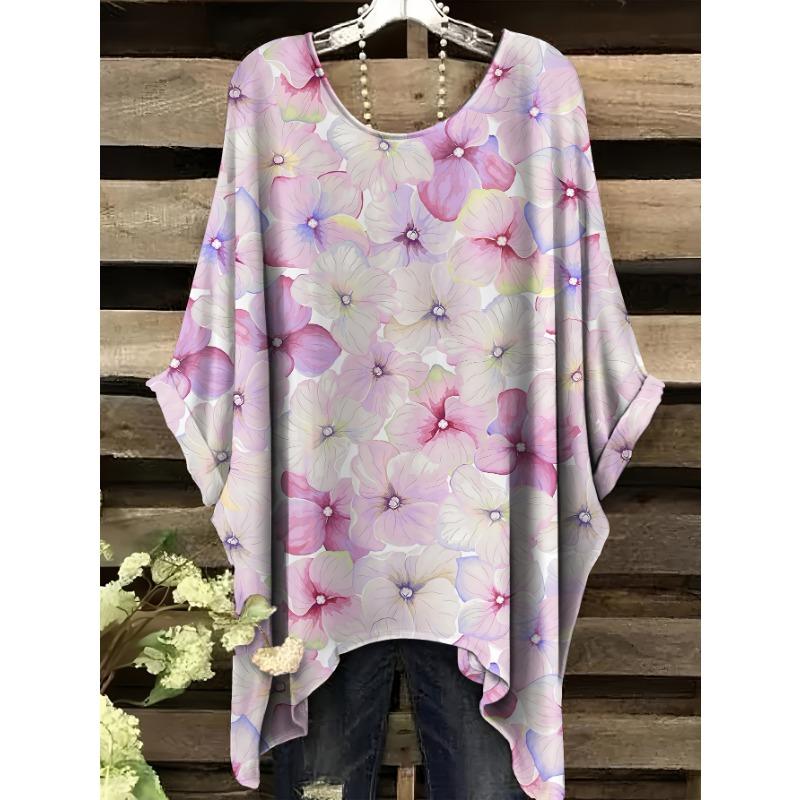 

Women s large size T-shirt, flower pattern all over printed short sleeves, versatile and fashionable round neck loose T-shirt 1XL
