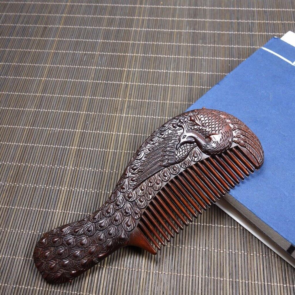 Chinese Antique Vintage Wood Carving Rosewood Comb Peacock Statue Wooden Art