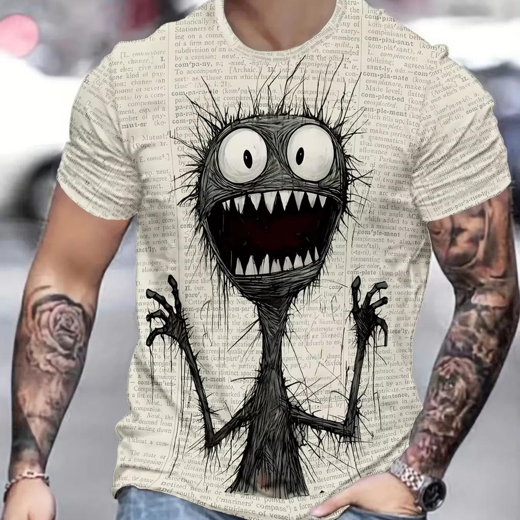 Men's Monster Graphic Print Short Sleeve Crew Neck Tee, Men's Clothing For Summer Soft Slight Stretch Polyester Blend Fabric