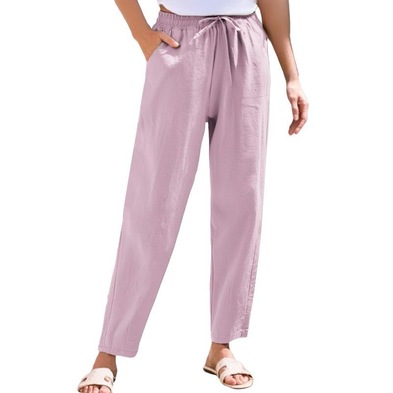 Foreign trade new women's clothing summer pants casual loose drawstring solid color elastic waist cotton and linen women's nine-point pants