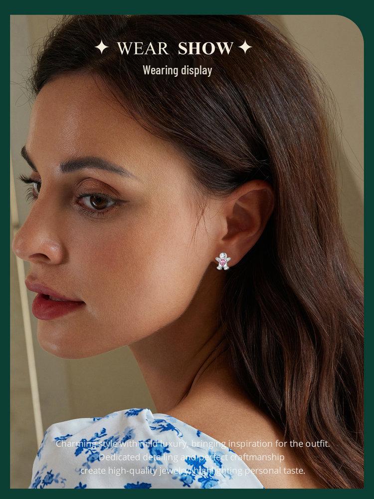 Yinziyun Gingerbread Man and Pink Heart Zircon S925 Sterling Silver Stud Earrings for Women