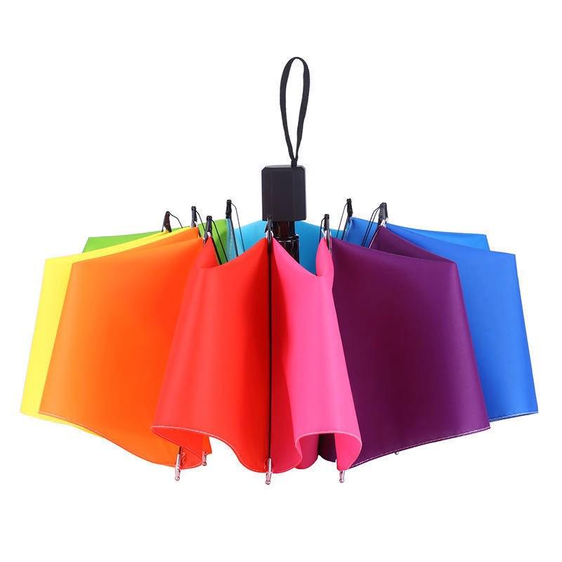 8K Pongee Rainbow Umbrella: Creative, Portable, Three-fold, Short Handle, Black Glue for Sun Protection.