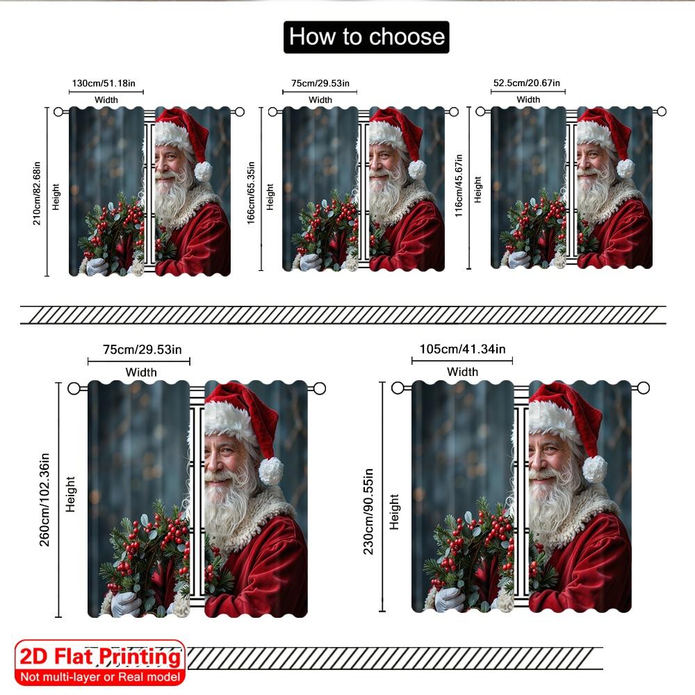 2pcs 2D Flat Printing Merry Christmas Window Drapes Santa Claus Holly Wreath Festive Christmas Fabric Without Electricity