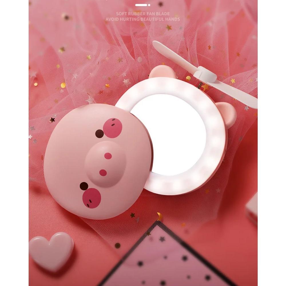 Cute Piggy Makeup Mirror Handheld Mini Fan with Led Light Cosmetics Mirror with Small Fan Girls Travle Portable Fan