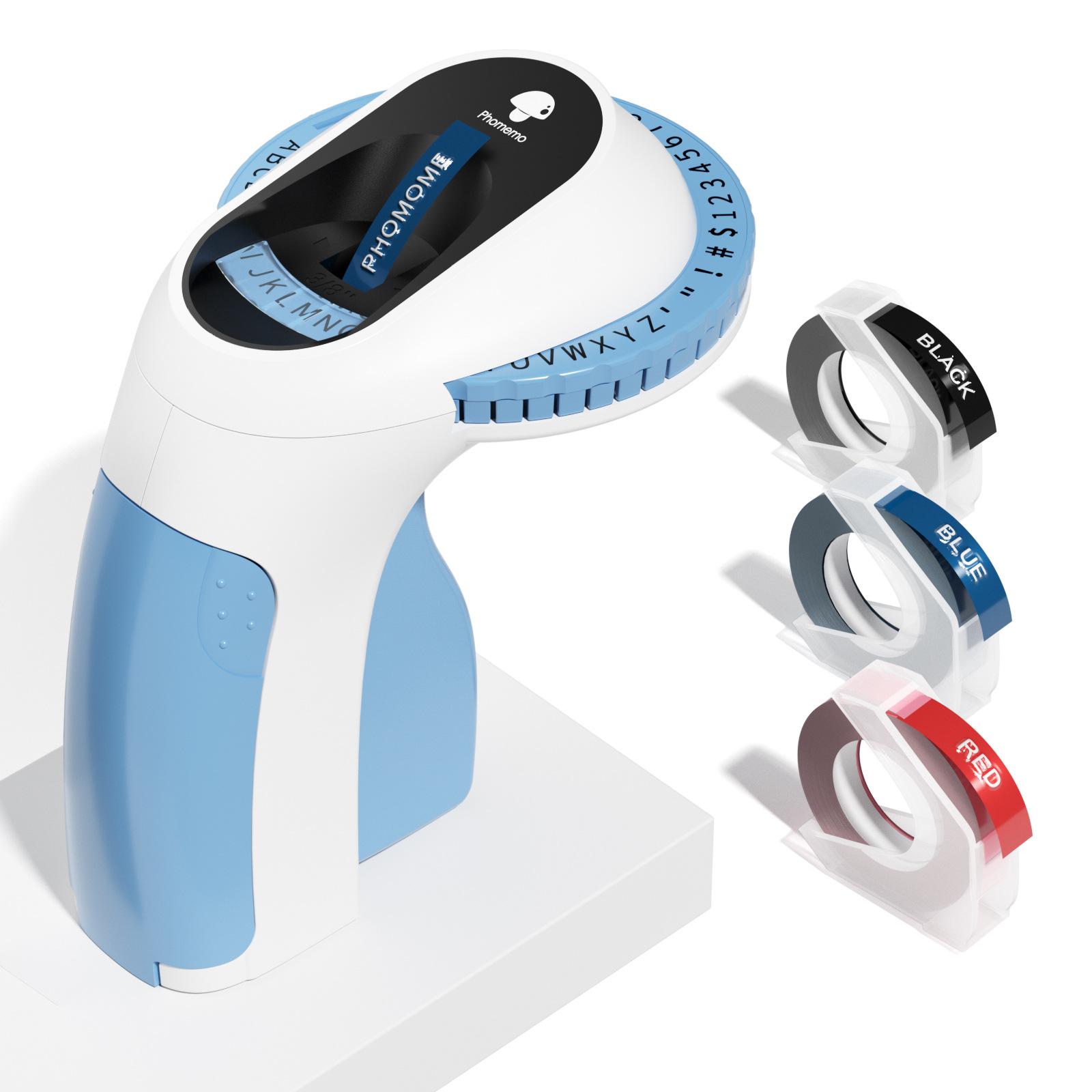 PHOMEMO E975 Manual Embossing Label Maker Handheld Embossed Label Machine with 3 Rolls Of Tapes A