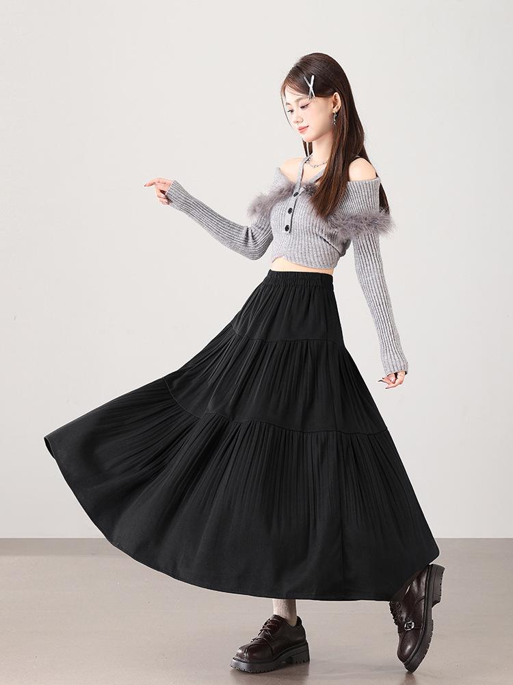 2025 Fall/Winter Layered Woolen Flare A-Line Skirt - Slimming, High-Waist, Long Design