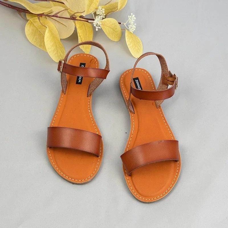 Fashion Women Flat Sandals 2025 Buckle Woman Summer  Shoes Retro Solid Round Toe Comfort Casual Beach Footwear Red Yellow Large Size