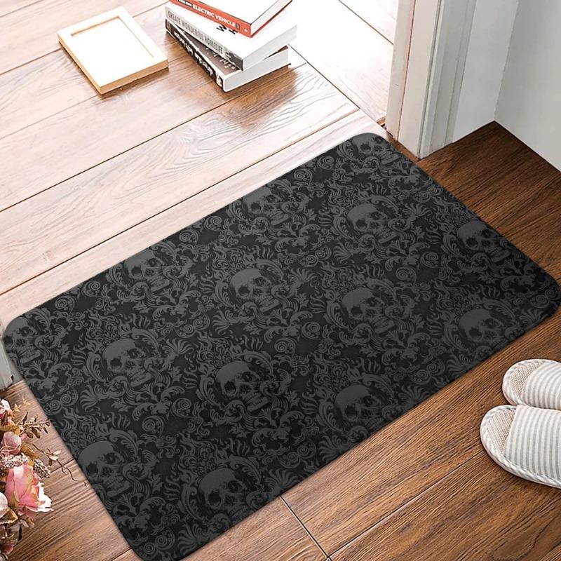Vintage Black Gothic Skull Damask Halloween Doormat Indoor Carpet Area Rugs Non-Slip Entrance Door Floor Mat Home Decor