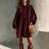 Women's Color Button Front Dress with Sleeves and Stand Collar for Casual Wear