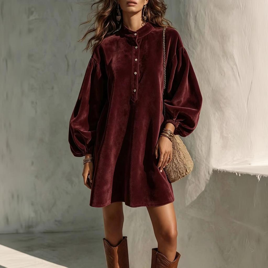 Women's Color Button Front Dress with Sleeves and Stand Collar for Casual Wear