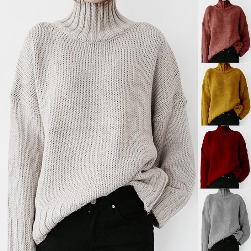 Women S High Neck Long Sleeve Solid Knit Pullover Sweater