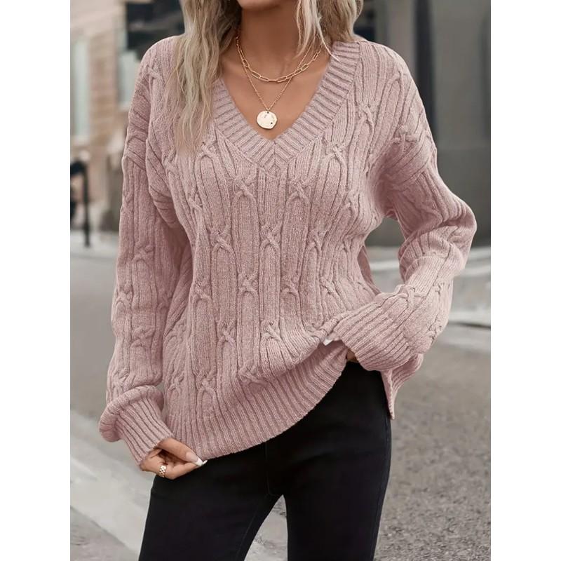 Womens Winter V-Neck Knit Sweater Loose Fit Cable Ribbed Solid Color Casual Chic Top