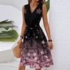 Women's Spring Summer Casual V Neck Sleeveless Waist Floral Print Midi Dress