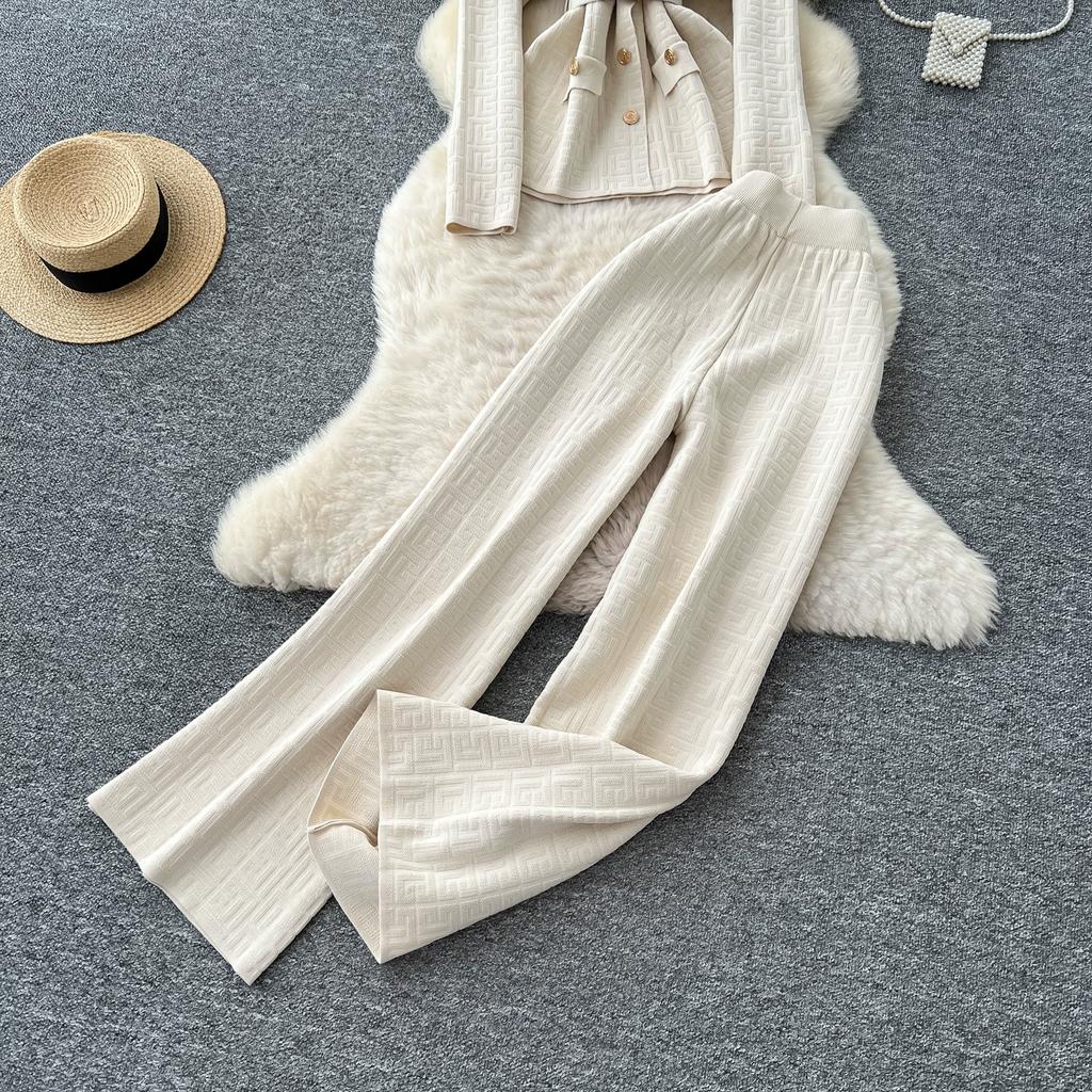 Herbst Winter Damen Vintage Designer Strickpullover Hose Zweiteiliges Set Blazerkragen Jacke Mantel und Weitbeinige Hose Trainingsanzug