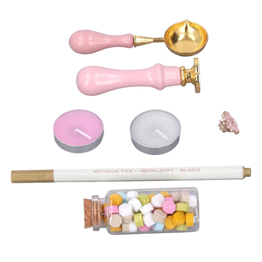 Sealing Stamp Kit Clear Pattern Macaron Color Wooden Handle Retro Wax Sealing Stamp with Sakura Brooch for Gifts