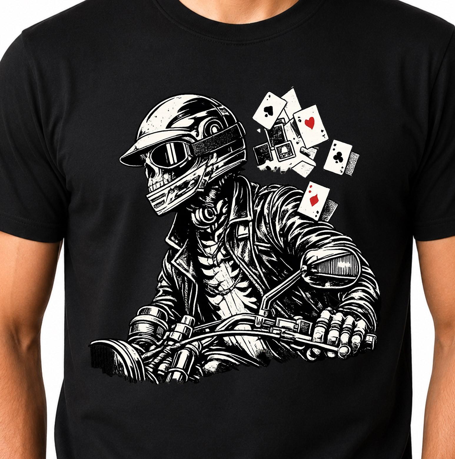 Skull Biker T-Shirt Skeleton Rider Motorcycle Poker Cards Vintage Graphic Tee. XXL