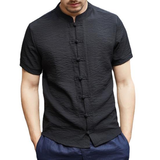 Men Summer Shirt Stand Collar Short Sleeve Solid Color Slim Fit Knot Buttons Daily Wear Chinese Traditional Clothes Vintage Chinese Style Men Top Men