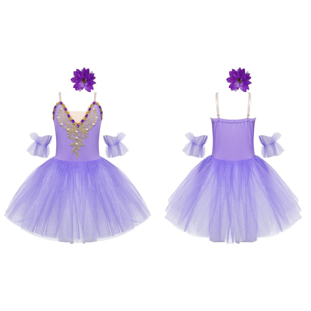 Girls Ballet Dance Dress, Sleeveless Tutu with Spaghetti Straps, Rhinestone & Lace Decor, Mesh Skirt + Headdress & Ruffle Band