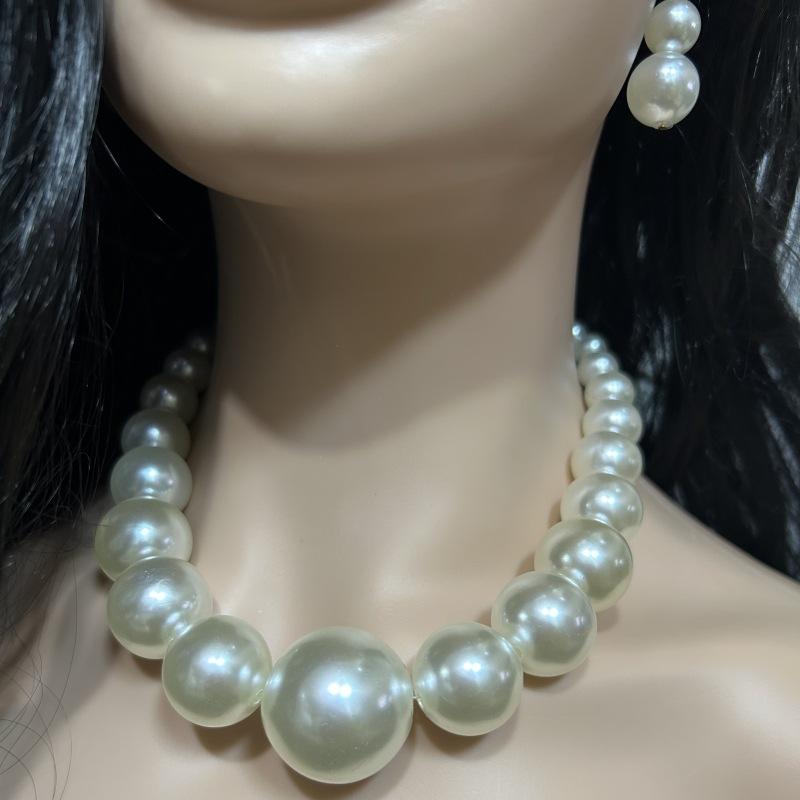 Women Big Imitation Pearl Choker Necklace and 3Pcs Set White Pearl Beaded Earrings for Valentine Night
