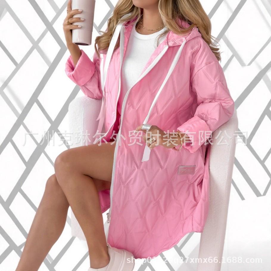 

2025 autumn and winter new fashion hooded loose long-sleeved solid color zipper cotton jacket women XXXL рожевий