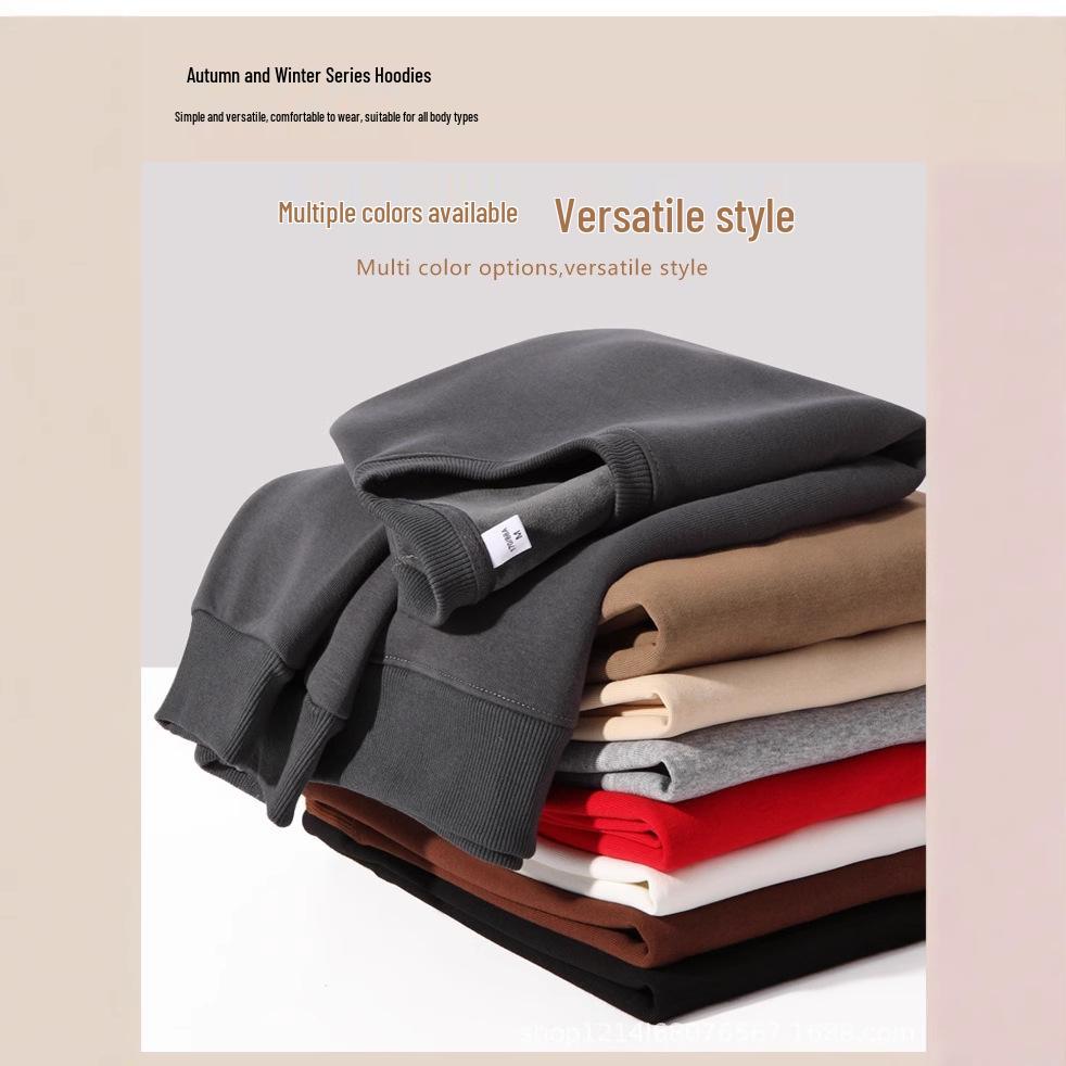 Cotton Plus Velvet Loose Fit Round Neck Sweatshirt - Versatile Solid Color for Autumn/Winter, 420g.