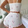 Sleepwear Women's Summer Pajama Set Heart Print Sexy Ribbed Bow Decor Round Neck Backless Crop Cami Top & Shorts Nightwear