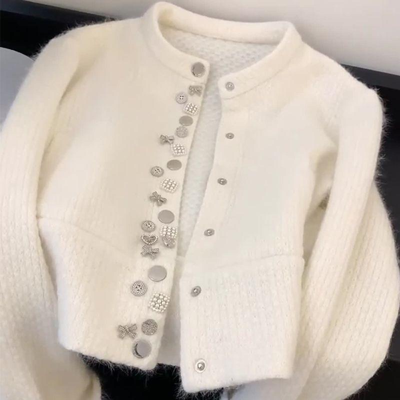Damen Frühlings-/Herbst-Flauschiger Pulloverjacke, Langärmeliger Eleganter Strick-Cardigan