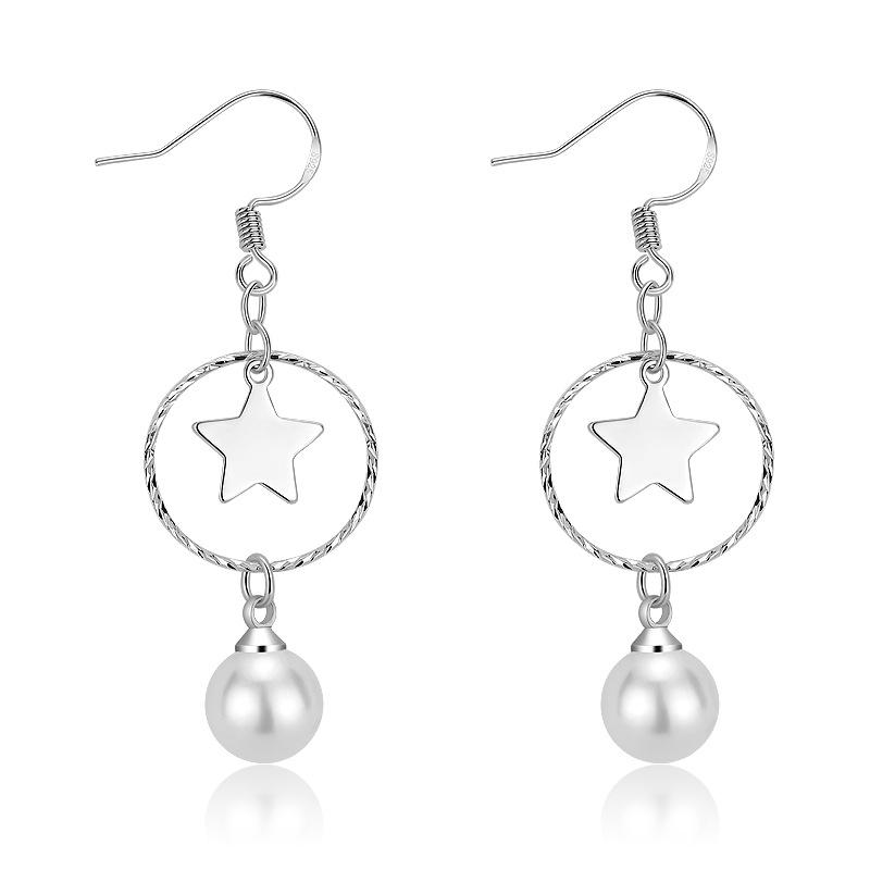 BELLA BOX S925 Sterling Silver Needle Star Tassel Zircon Geometric Earrings Moonfall Star Pearl Earrings