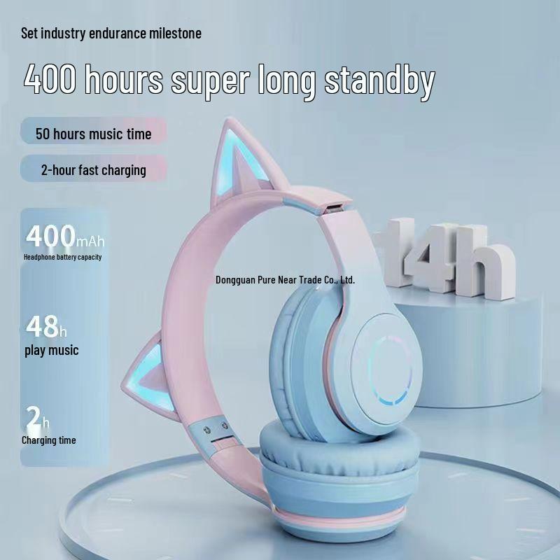 2025 New Cute Wireless Over-Ear Cat Ear Headphones with Mic, Noise Cancelling for Children's Gaming - Girls' Style