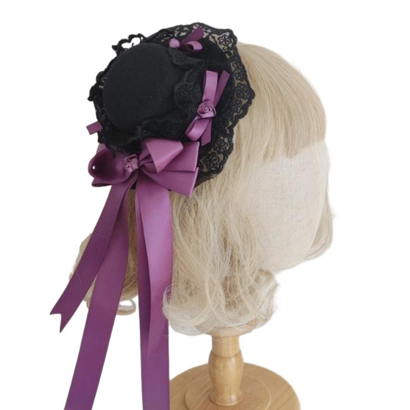 Vintage Lace Top Hat Hair Clip Hair Accessory with Ribbon Headband Lace Flower