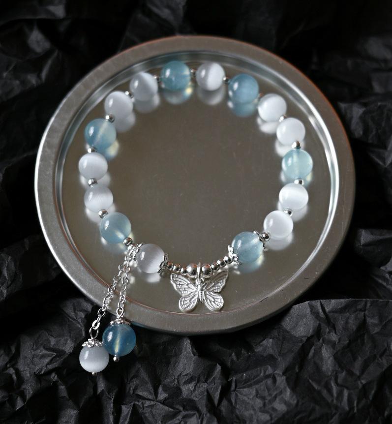 Aquamarine Cat's Eye Crystal Butterfly Bracelet with Sterling Silver and Tassel