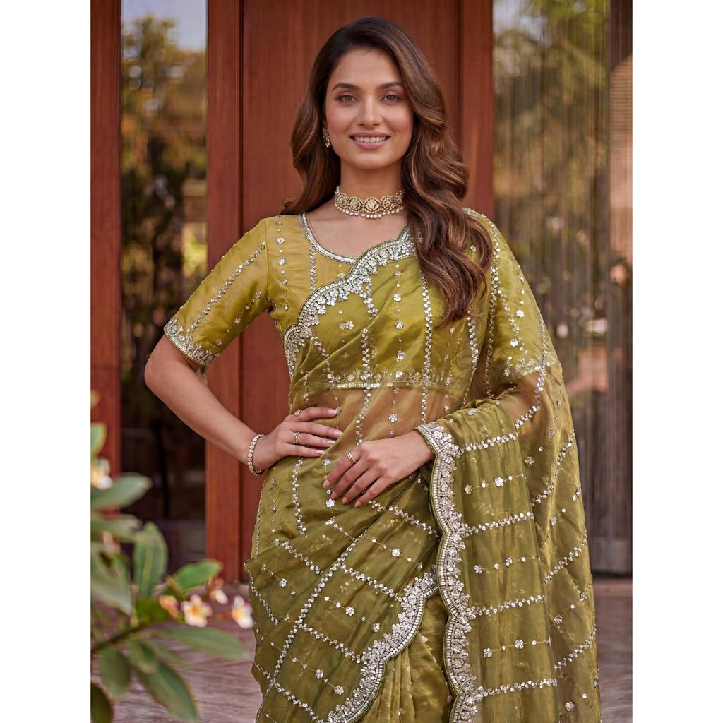 Luxury Fandy Satin Saree with Beads & Sequins Embroide