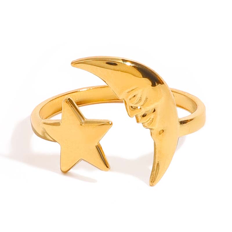 Stainless Steel Gold Color Star Moon Open Rings for Women Minimalist Metal Geometric Adjustable Ring Waterproof Jewelry Gift