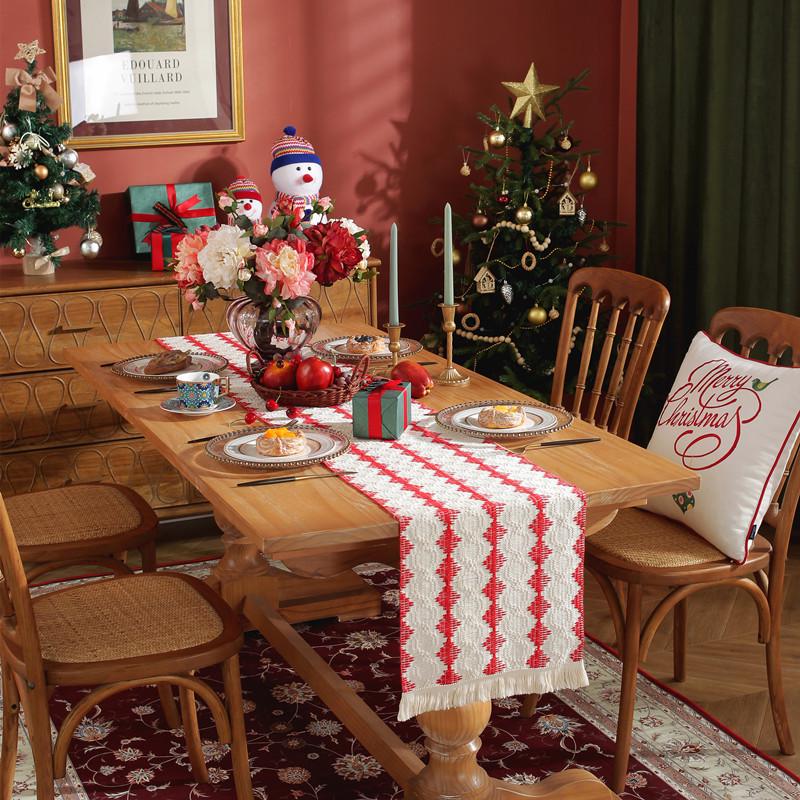 American Cotton Linen Table Runner, Natural Color with Tassels, Stripes, Diamonds, and Plaid Pattern for Dining Table or Sideboard Decoration.