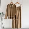 Autumn and Winter Women's Clothing U-neck Long-sleeved Knitted Sweater Set Split-ended Wide-leg Pants Knitted Two-piece Set for Women