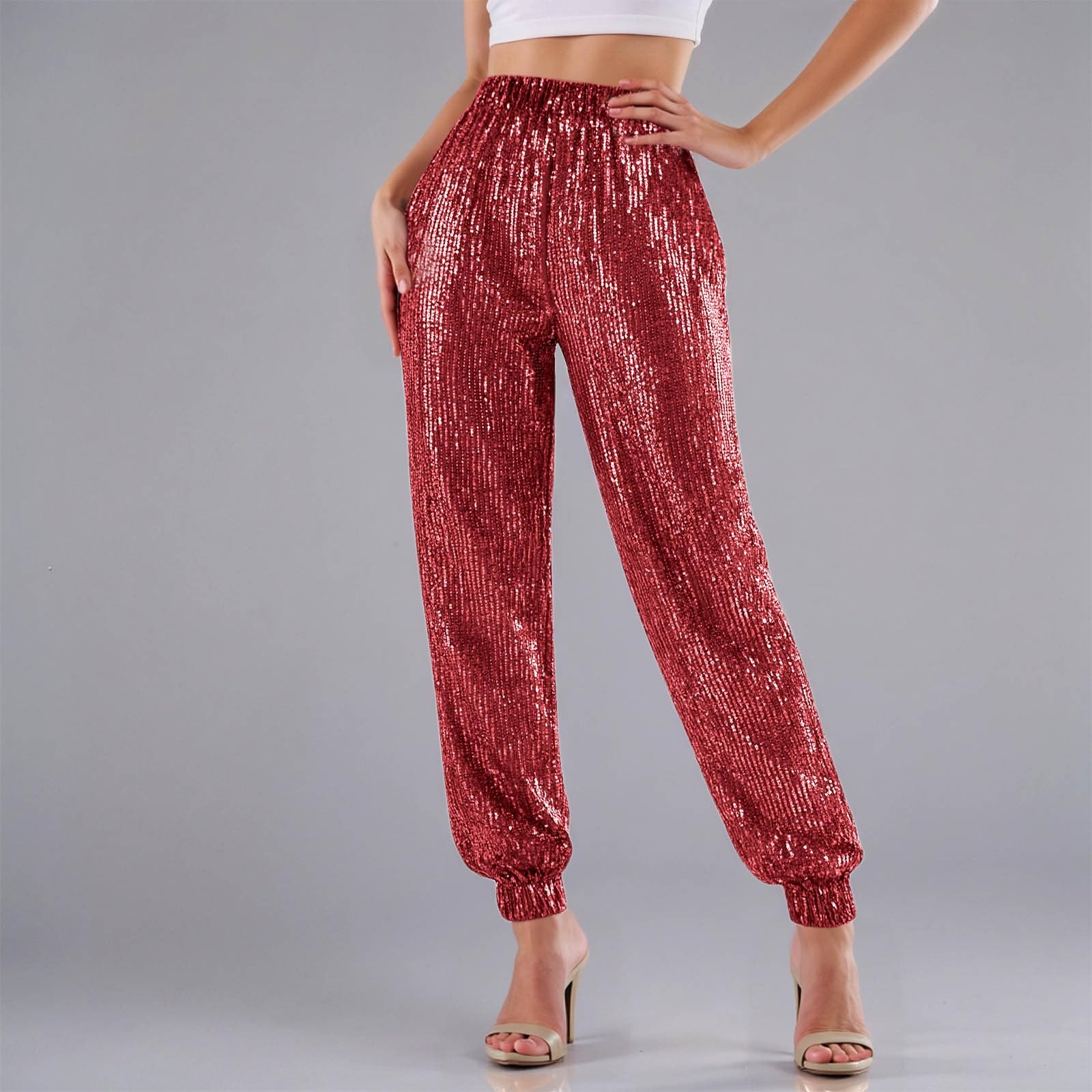 

Women s Fashion Color Elastic Waist Pocket Shiny Pencil Pants Loose Leg Tight Casual Pants L червоний