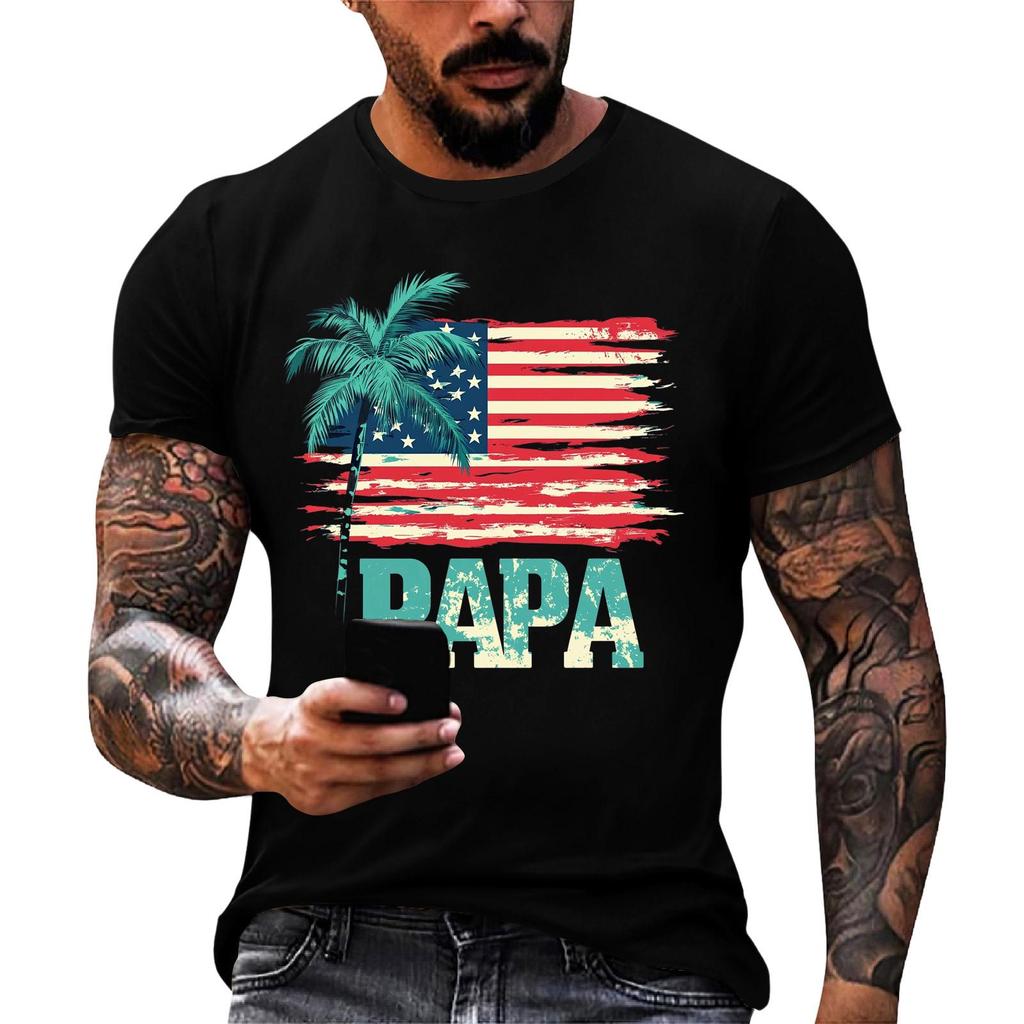 Men's Casual Short Sleeve T Shirt Loose Fit Summer Daily Wear Patriotic Flag Print Papa Graphic Tee for Father's Day