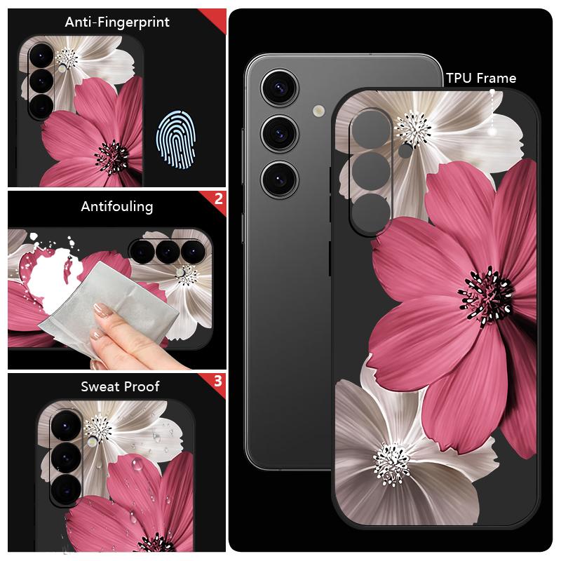 Pink Flower Pattern Lanyard Phone Case For Samsung Galaxy A57 A17 A56 A16 A55 A15 A36 5G S25 FE S26 S24 S23 S22 Ultra Soft Cover