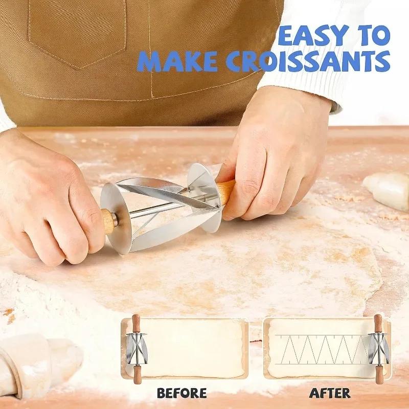 Stainless Steel Croissant Cutter Irregular Roller Cutter with Wooden Handle Pastry Baking Croissant Bread Knife Kitchen Gadgets